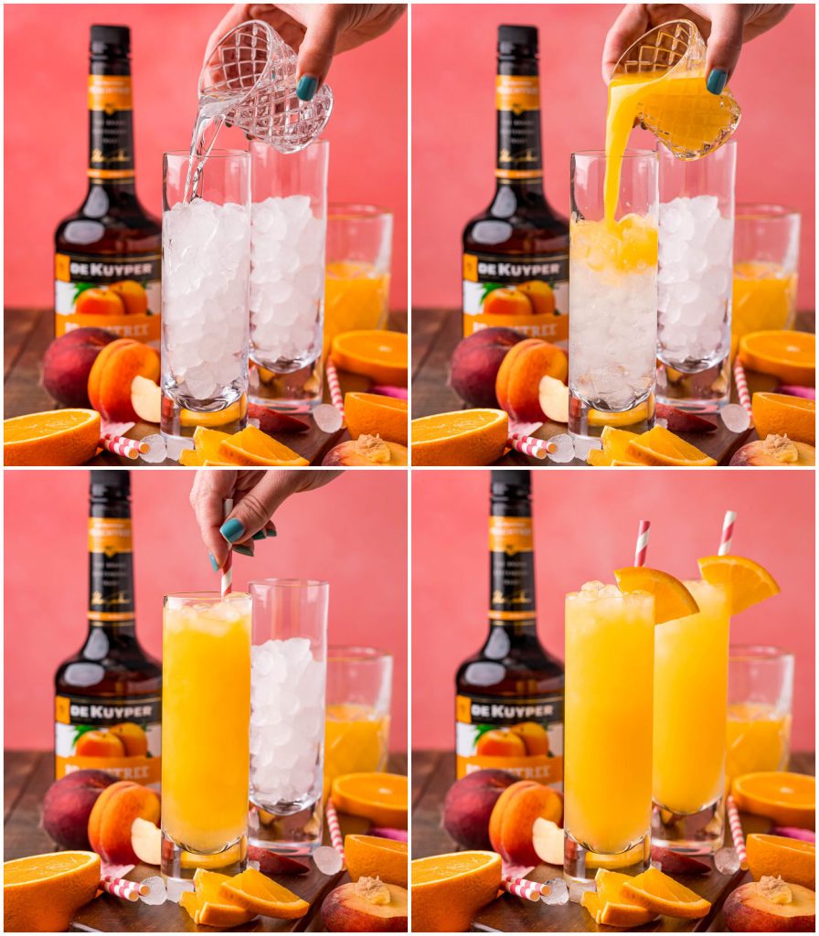 collage of hand pouring juice and schnapps into a glass for a fuzzy navel