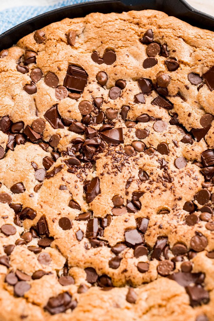 close up of a giant chocolate chip cookies