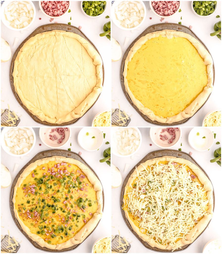 collage of 4 photos showing the steps to make a breakfast pizza including toppings