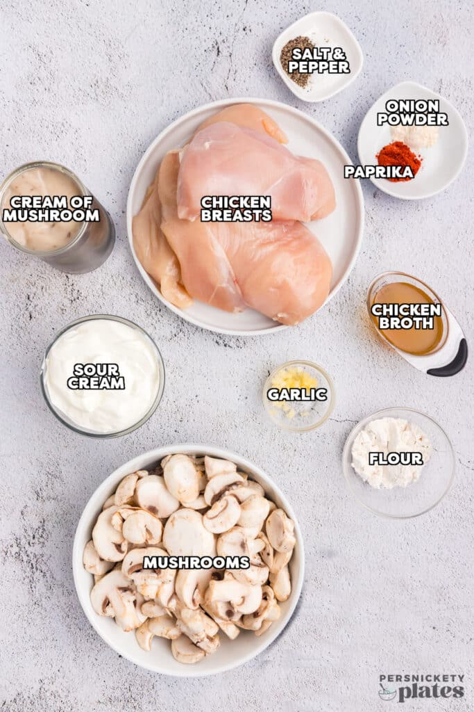 overhead shot of labeled ingredients laid out to make creamy mushroom chicken.