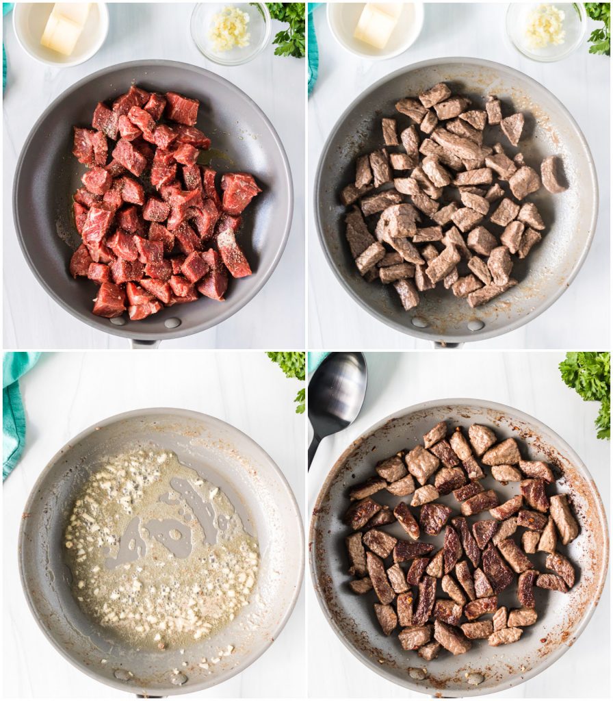 collage of four pics showing the process of making steak bites in a skillet