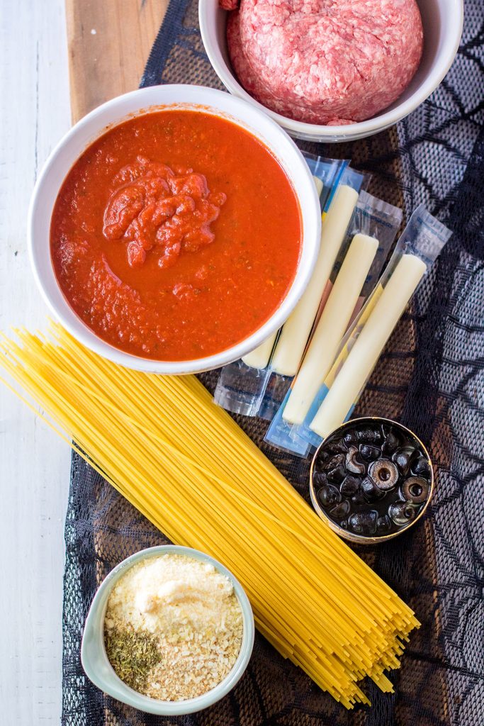 ingredients laid out to make spaghetti and meatballs
