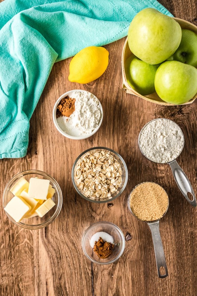 overhead shot of ingredients laid out to make apple crisp