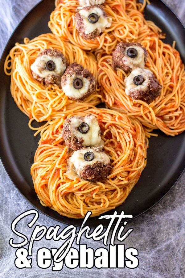 plate of halloween spaghetti & meatball eyeballs