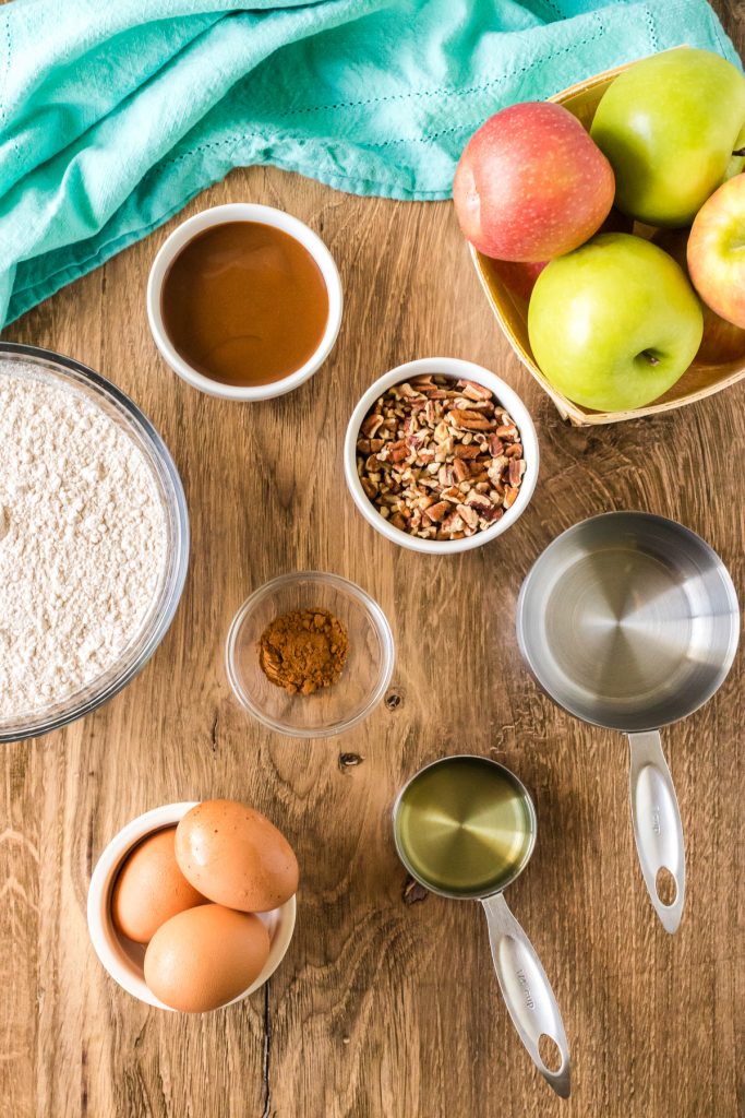 overhead shot of ingredients laid out to make an autumn spice bundt cake