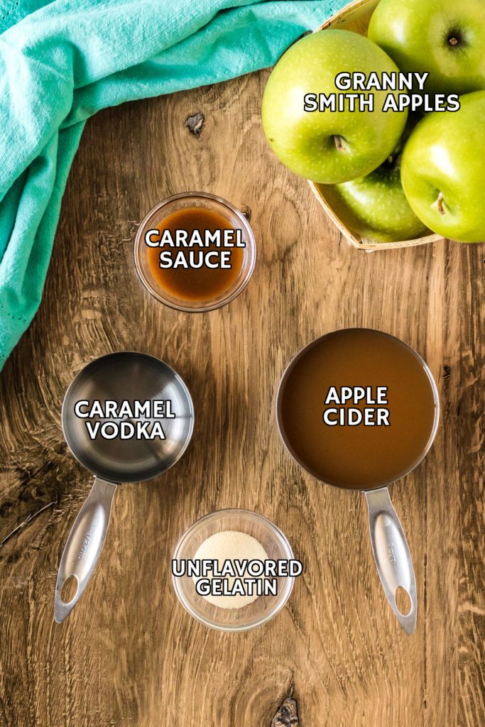 overhead shot of ingredients laid out to make caramel apple jello shots