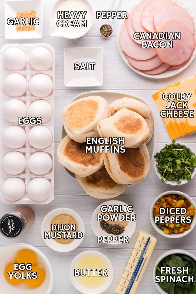overhead shot of ingredients laid out to make eggs benedict casserole in the crockpot