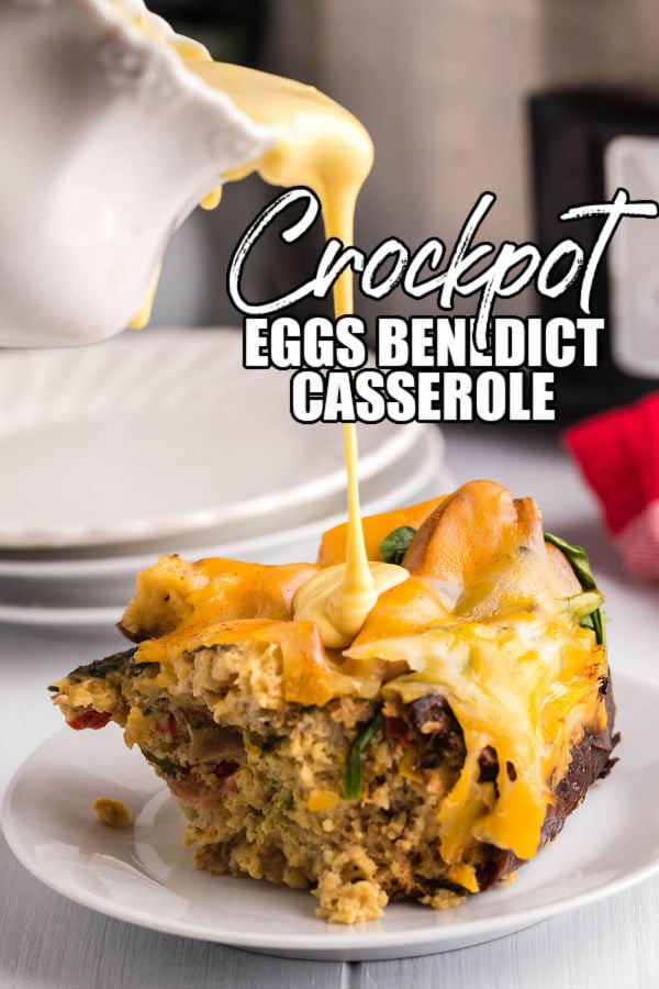 hollandaise sauce pouring over eggs benedict casserole on a white plate