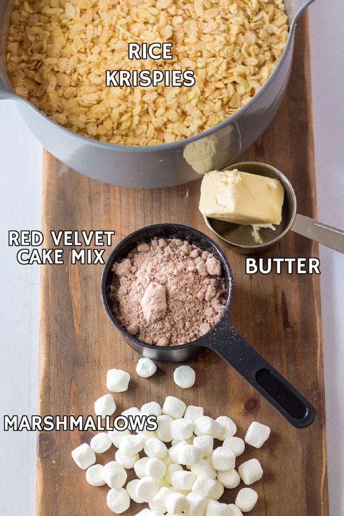 overhead shot of ingredients laid out to make rice krispie treats