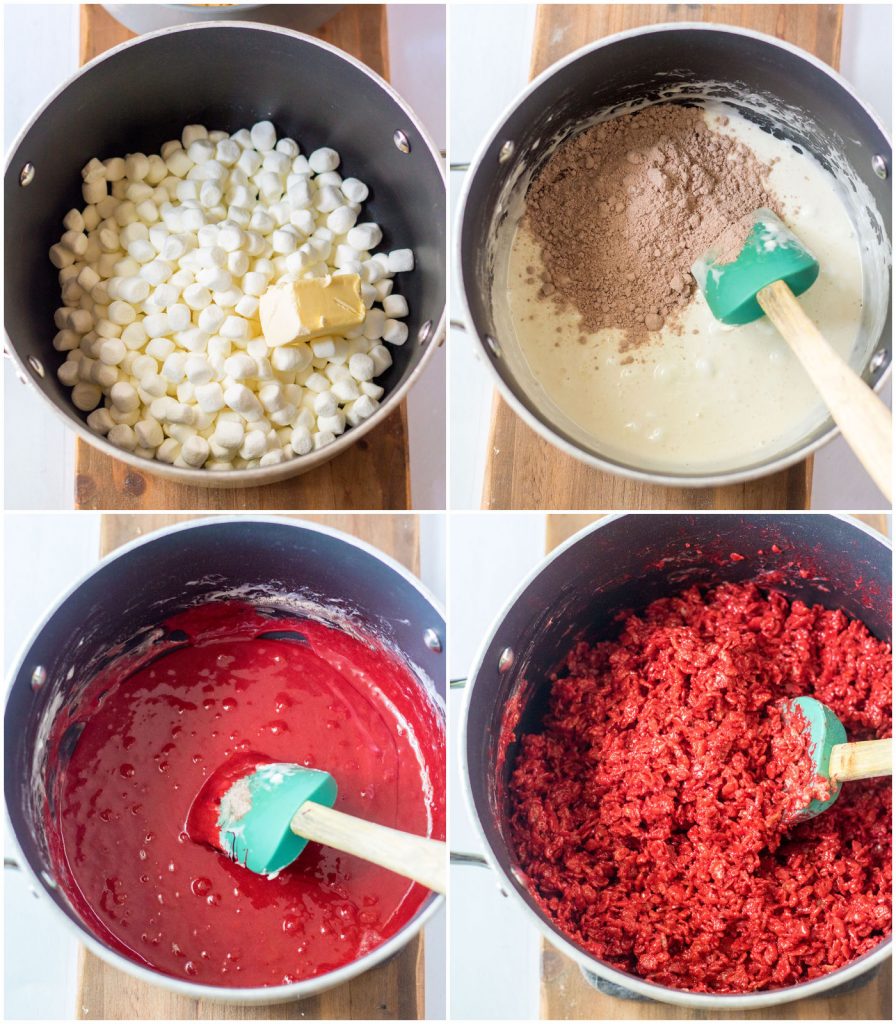 collage of 4 photos showing the rice krispie treat making process