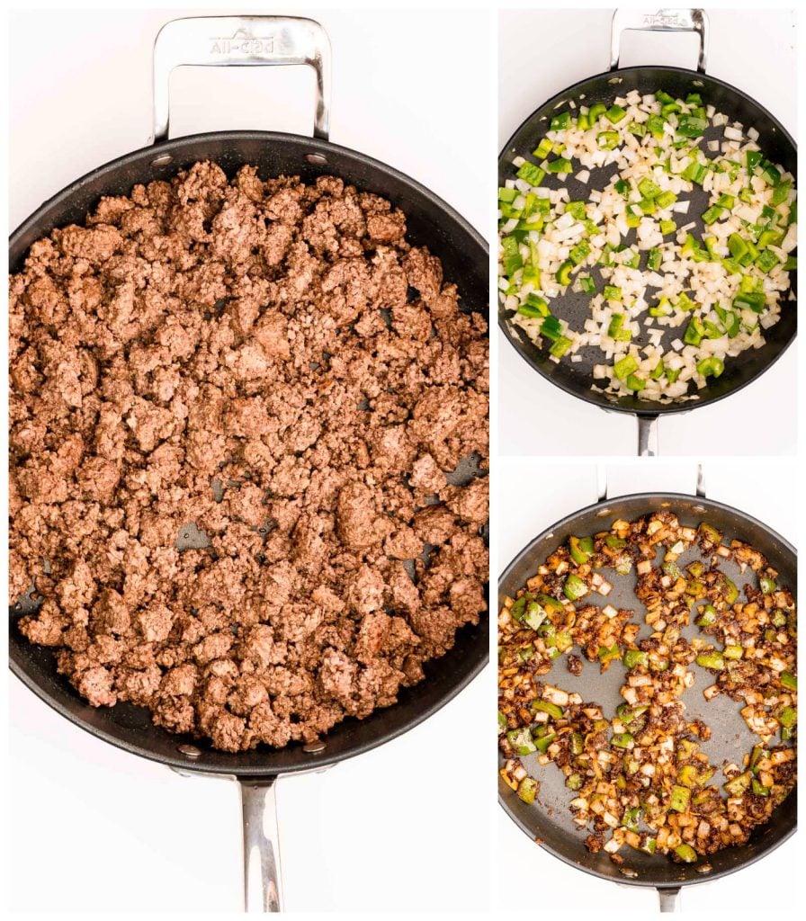 collage of skillet making ground beef and onions for chili