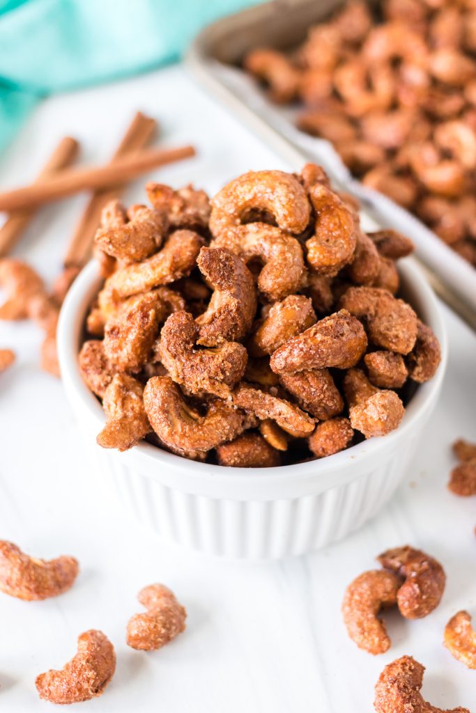 white bowl filled with sugared cashews
