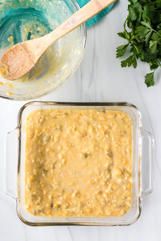 overhead shot of corn casserole ready to go into the oven