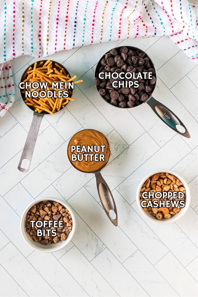 overhead shot of labeled ingredients laid out to make chocolate peanut butter haystacks