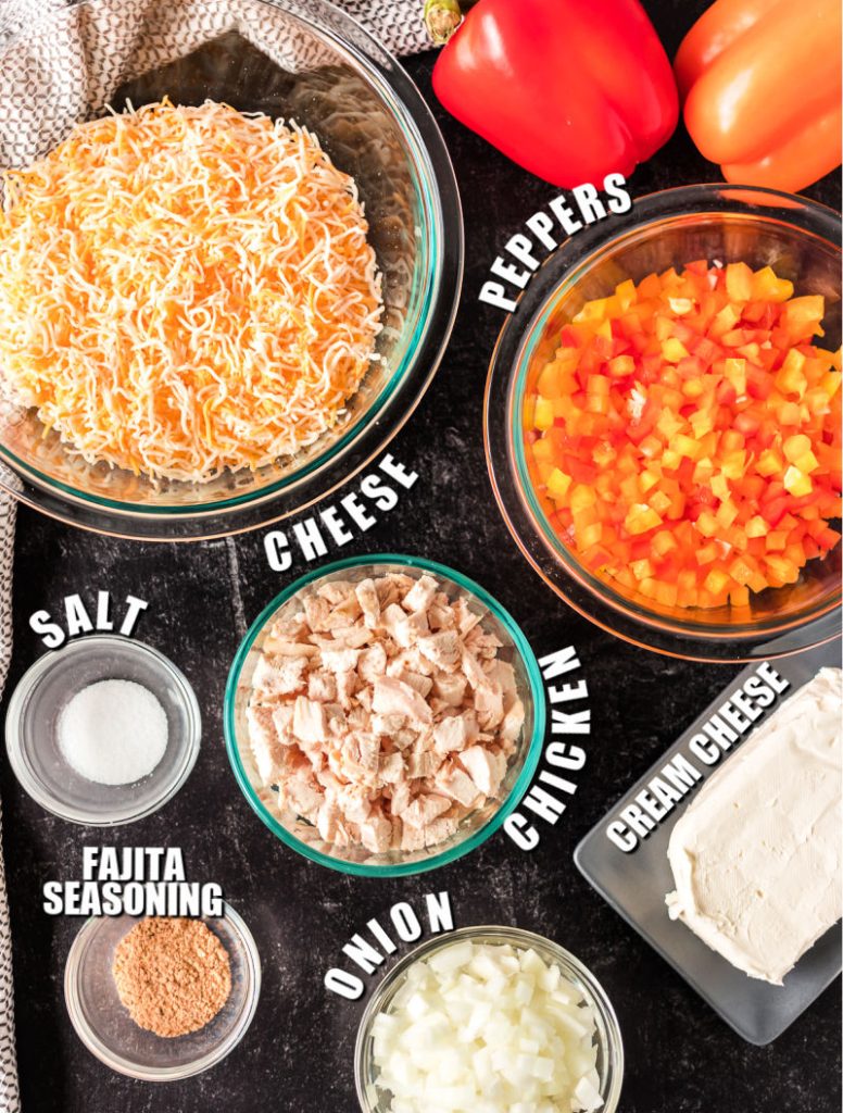 labeled ingredient laid out to make chicken fajita casserole