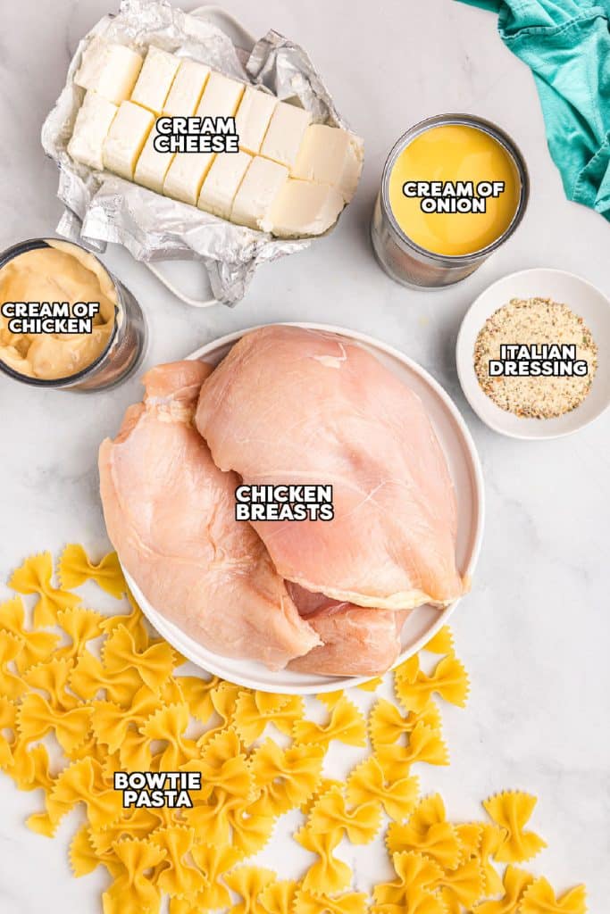 overhead shot of labeled ingredients laid out to make italian chicken.