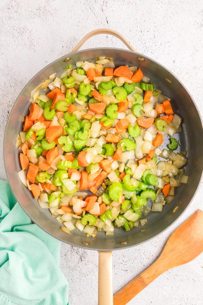 sauteed celery, carrots, onion in a skillet.
