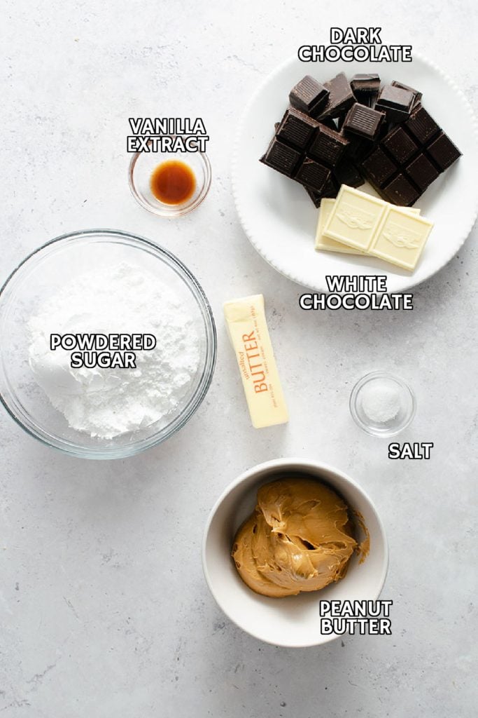 overhead shot of labeled ingredients to make peanut butter footballs.