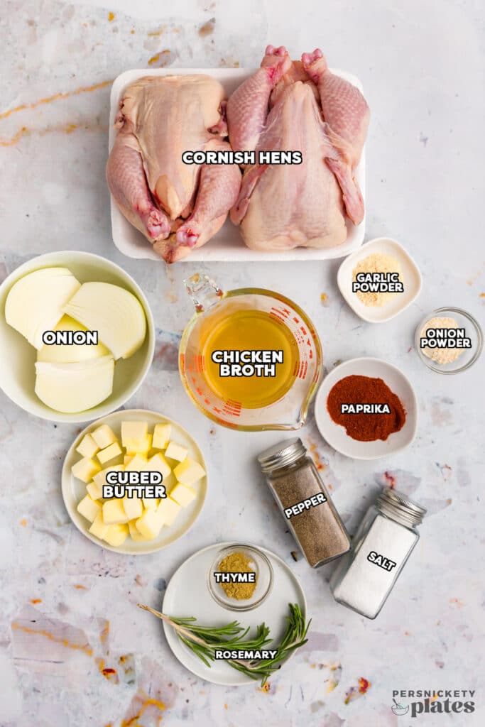 Ingredients for slow cooker Cornish hens laid out with text labels.