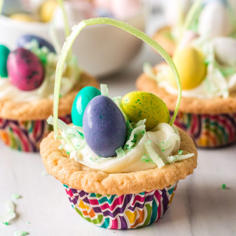 easter basket cookie cup filled with colorful M&Ms.