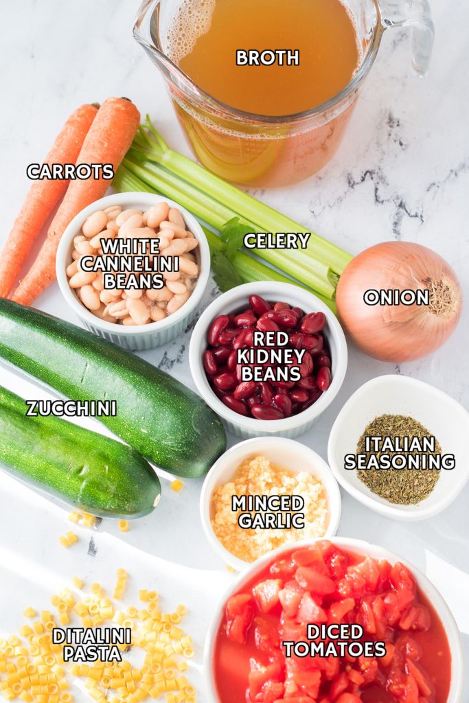 overhead shot of labeled ingredients laid out for minestrone soup.