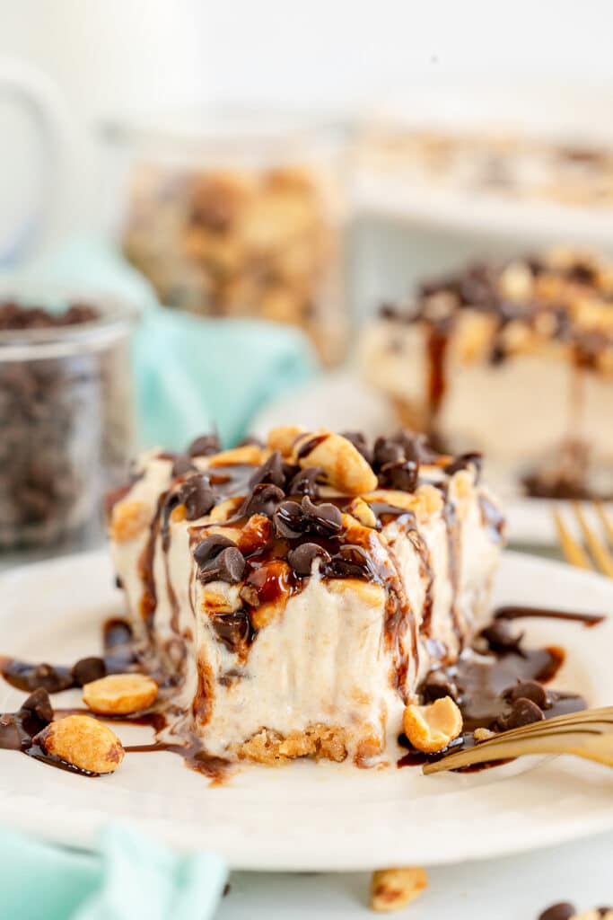 slice of peanut butter pie with chocolate sauce & peanuts on top.
