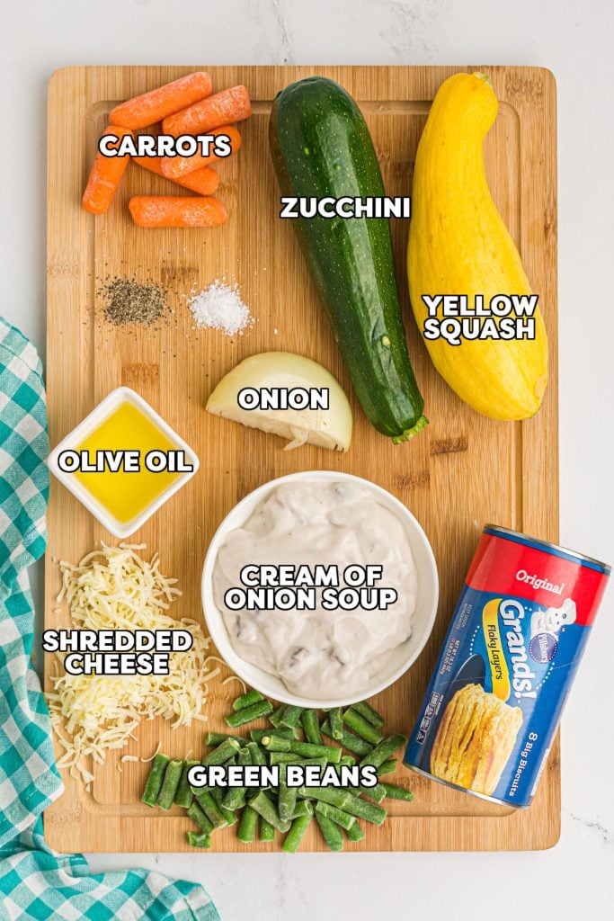 overhead shot of labeled ingredients laid out to make pot pies.