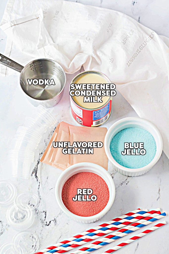 overhead shot of labeled ingredients laid out to make jello shots.