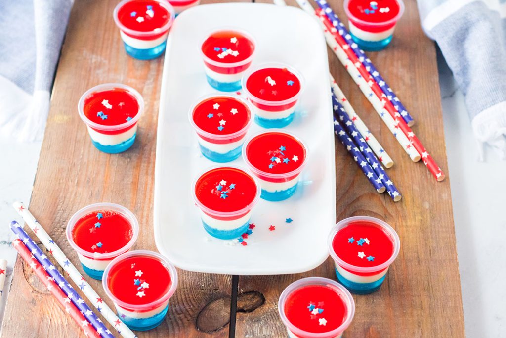 platter of red white blue jello shots.