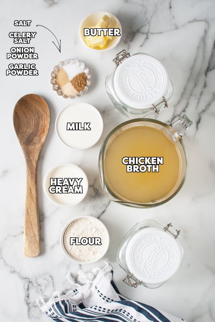 overhead shot of labeled ingredients laid out to make homemade cream of chicken soup.
