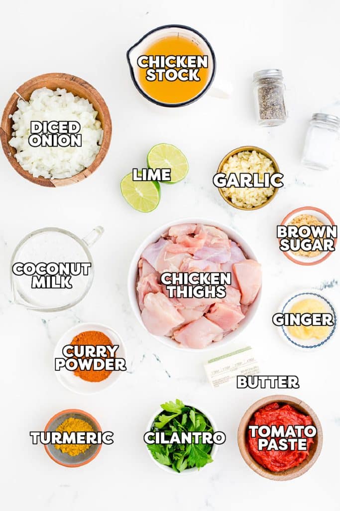 overhead shot of labeled ingredients to make butter chicken.