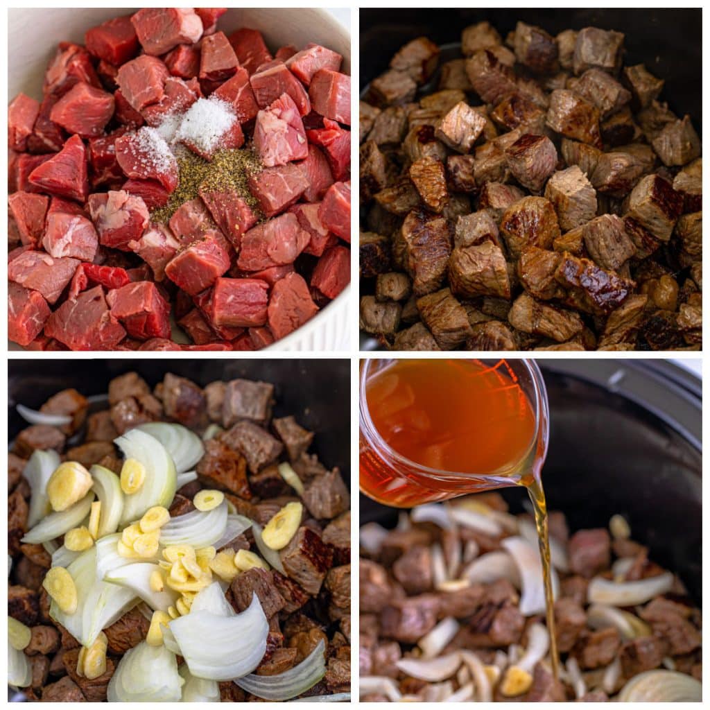 collage of 4 photos showing steak bites being made in a slow cooker.