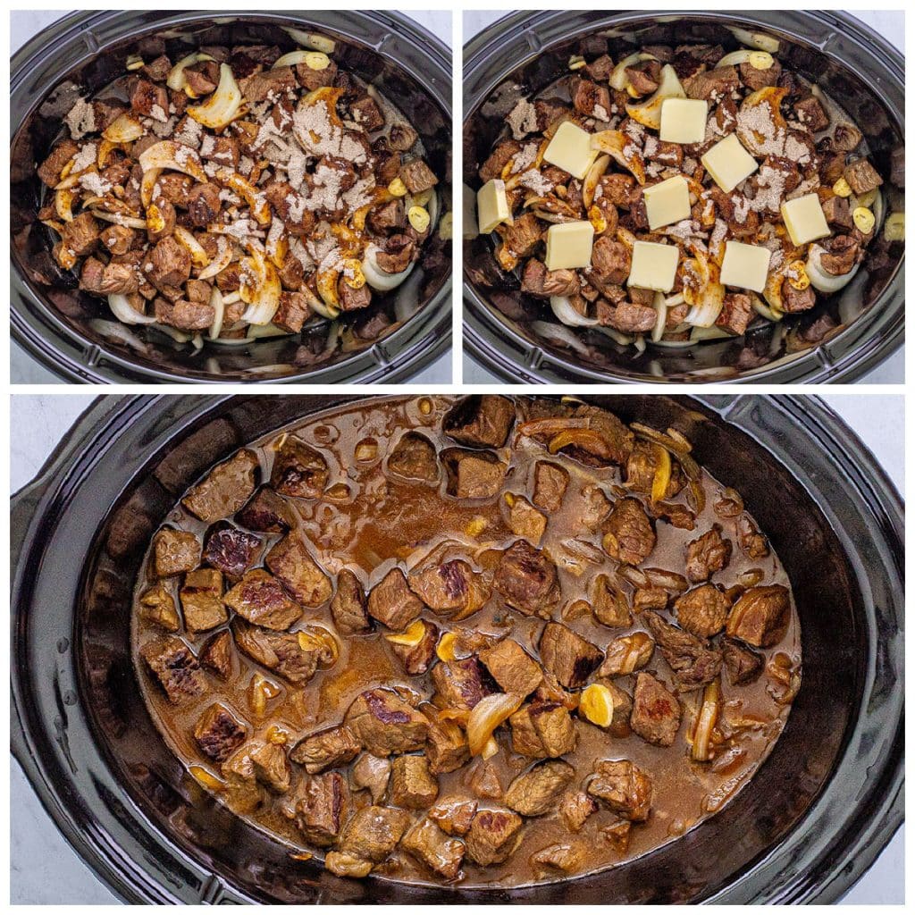 collage of 3 photos showing the process of prepping steak bites in a crock pot.