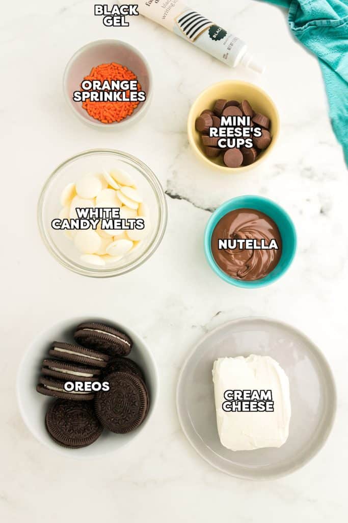 overhead shot of labeled ingredients for oreo balls.