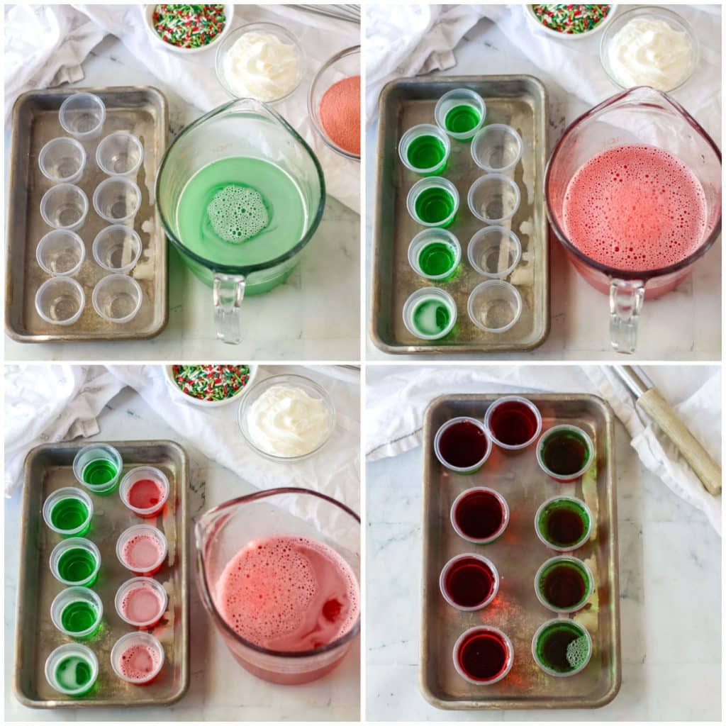 collage of 4 photos showing the process of making layered jello shots.