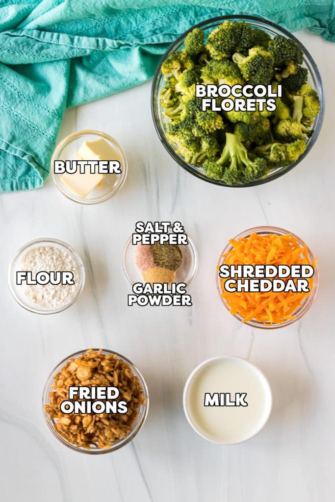 overhead shot of labeled ingredients laid out to make broccoli casserole.