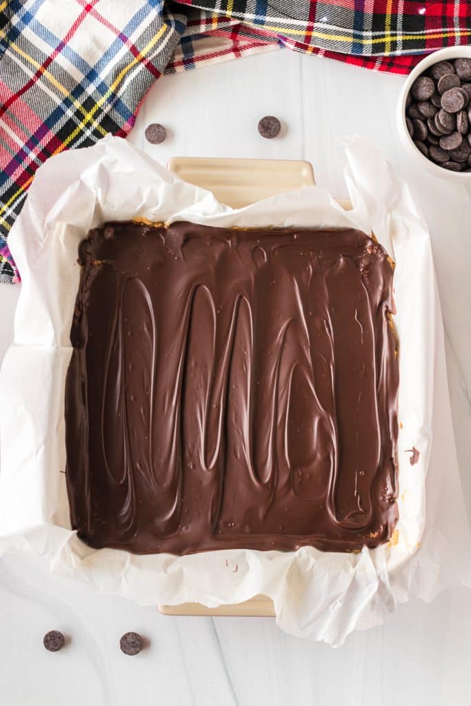 overhead shot of chocolate bars in a baking pan.