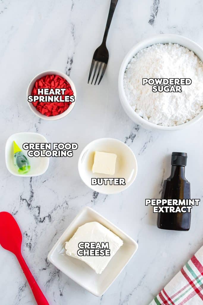 overhead shot of labeled ingredients laid out to make cream cheese mints.