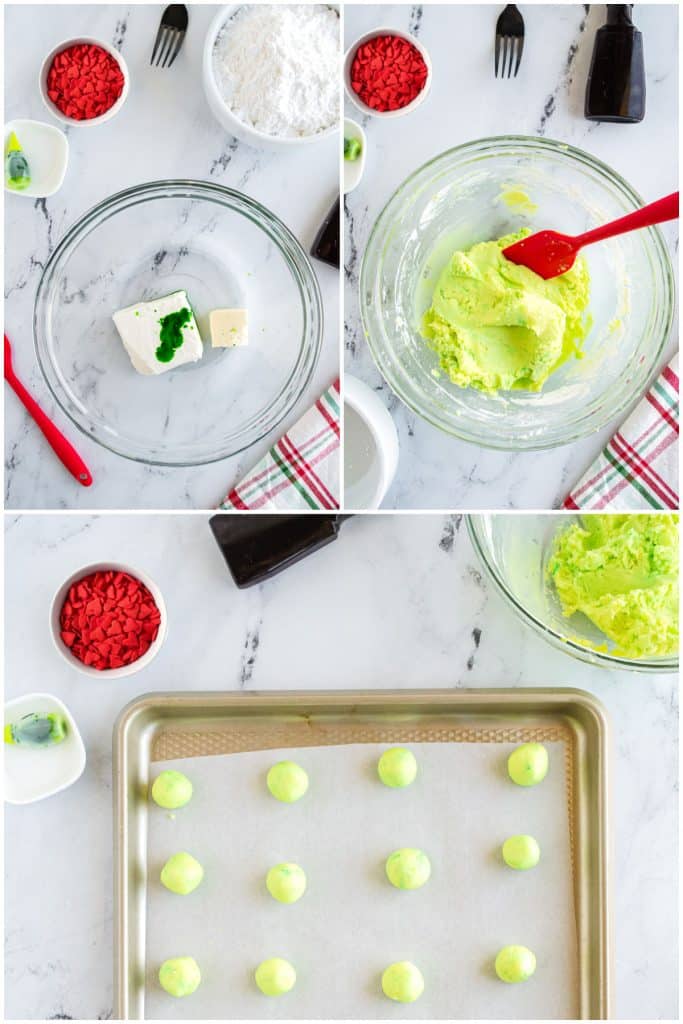 collage of 3 photos showing the process of making christmas cream cheese mints.