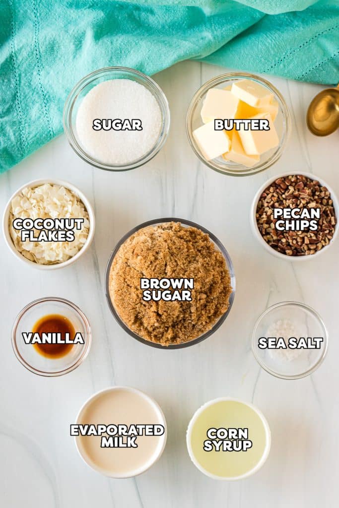 overhead shot of labeled ingredients laid out to make pecan pralines.