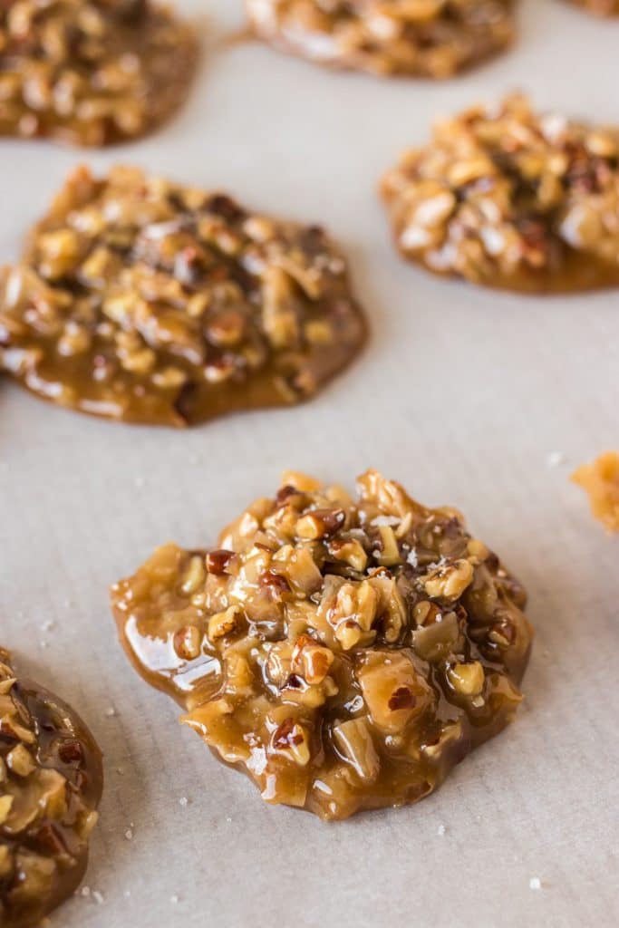 praline pecan cookies on a baking sheet.