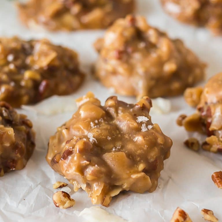 no bake praline pecan cookie on parchment paper.