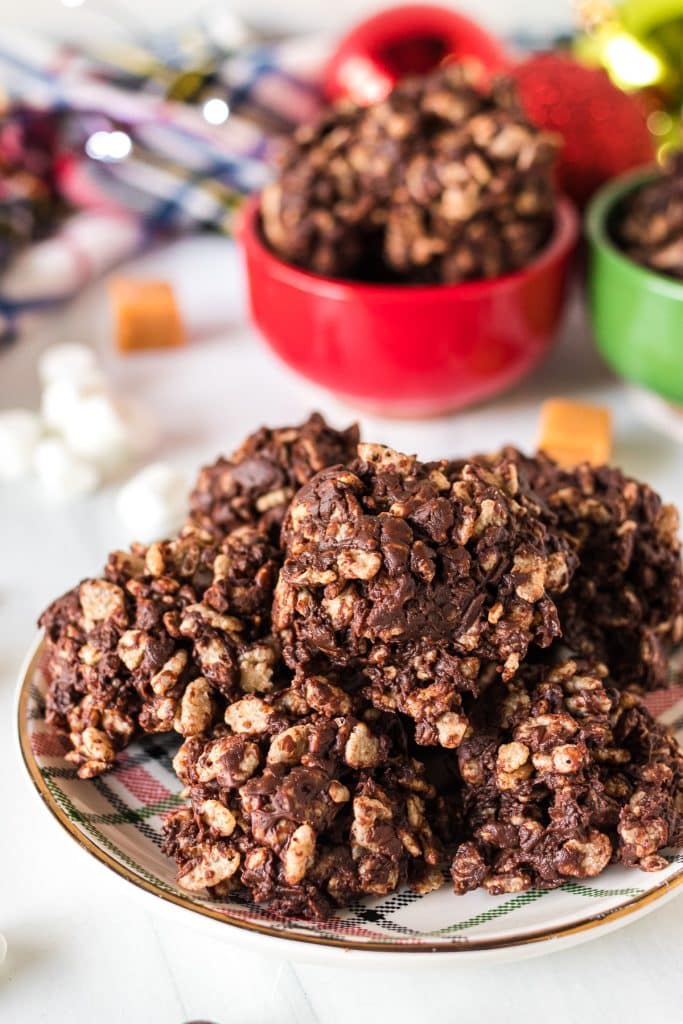 plate of chocolate reindeer poop rice krispie cookies.