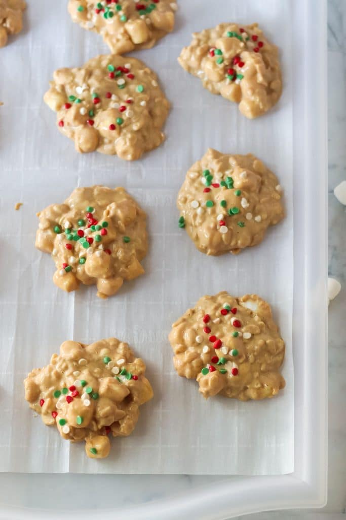 overhead shot of avalanche cookies on a baking sheet.