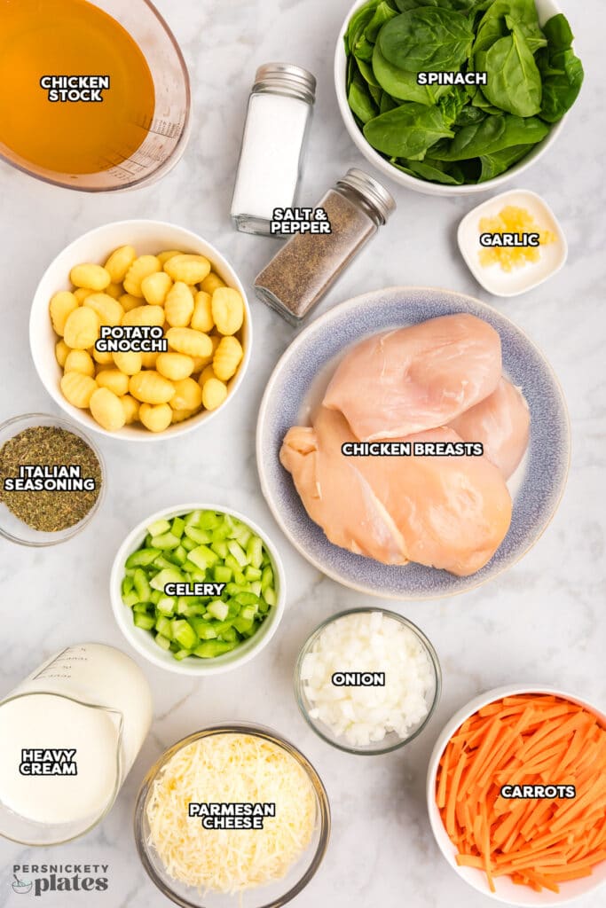 overhead shot of labeled ingredients laid out to make chicken gnocchi soup.