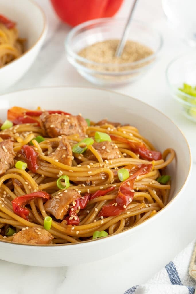 bowl of honey garlic chicken & noodles.
