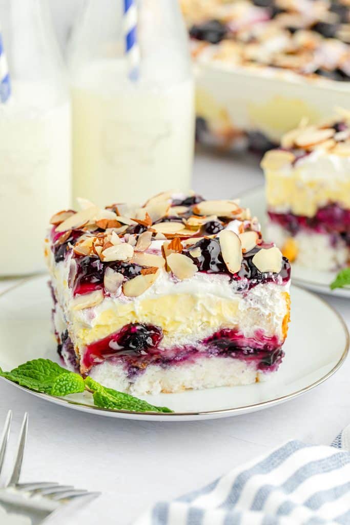 slice of blueberry angel food cake dessert on a white plate.