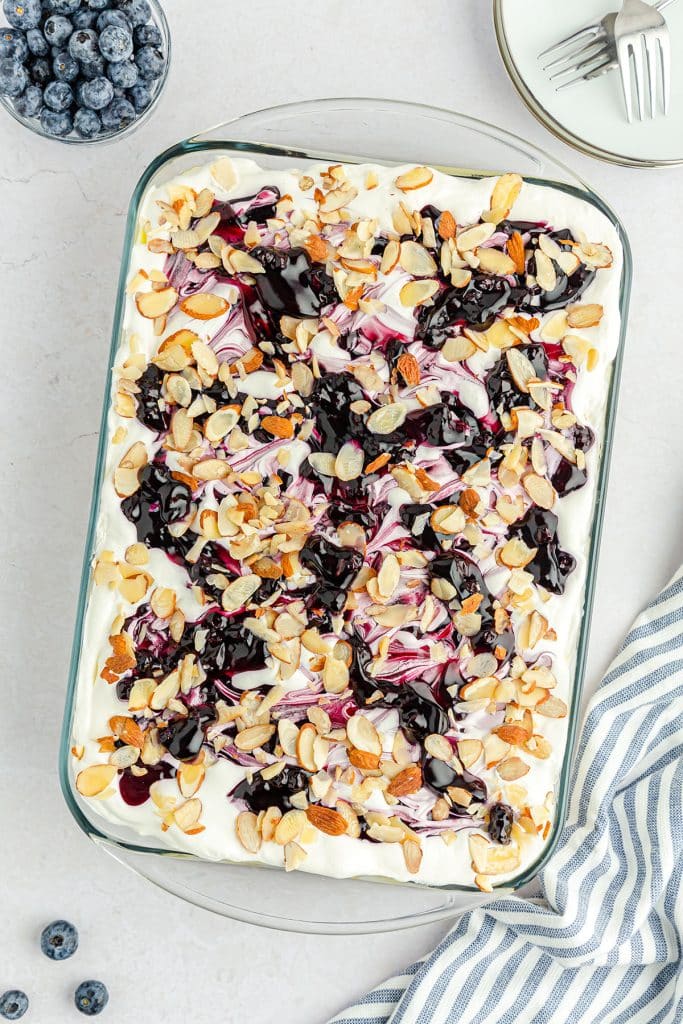 overhead shot of 9x13 pan of blueberry heaven on earth dessert.