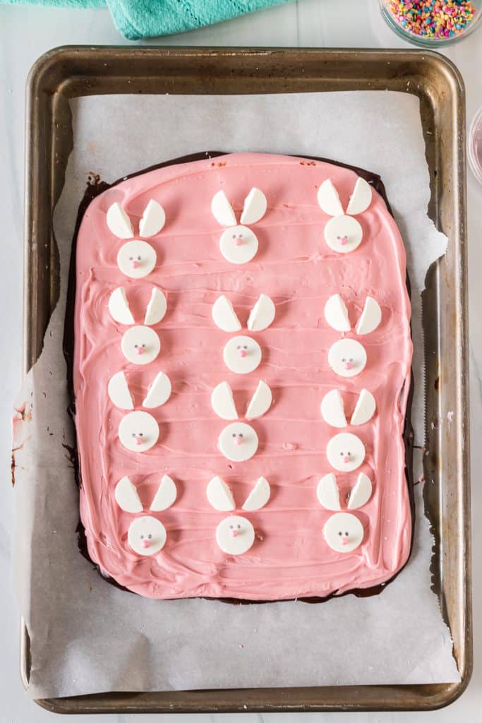 overhead shot of bunny bark on parchment paper.