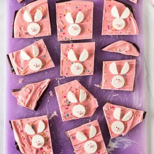 overhead shot of easter bunny candy bark on a purple cutting board.
